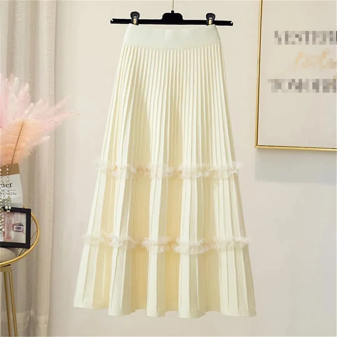 Women Lace Ruffle Knitted Midi Pleated Skirt High Waist Umbrella Solid Skirt Stitching A-Line Skirt