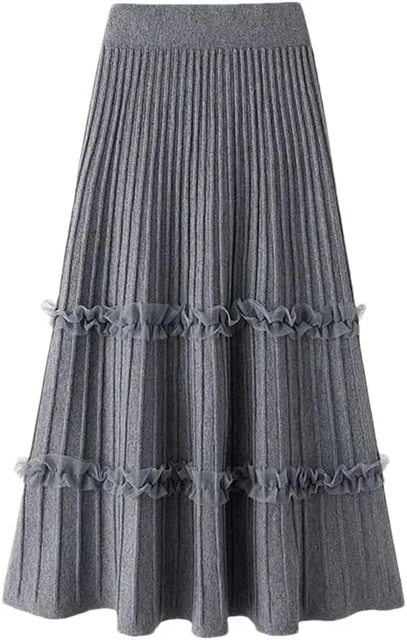 Women Lace Ruffle Knitted Midi Pleated Skirt High Waist Umbrella Solid Skirt Stitching A-Line Skirt