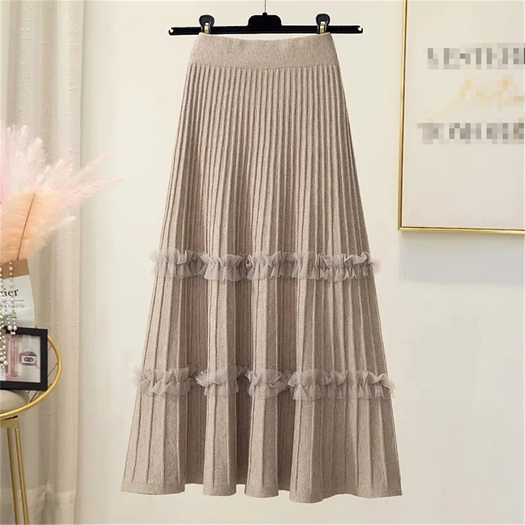 Women Lace Ruffle Knitted Midi Pleated Skirt High Waist Umbrella Solid Skirt Stitching A-Line Skirt
