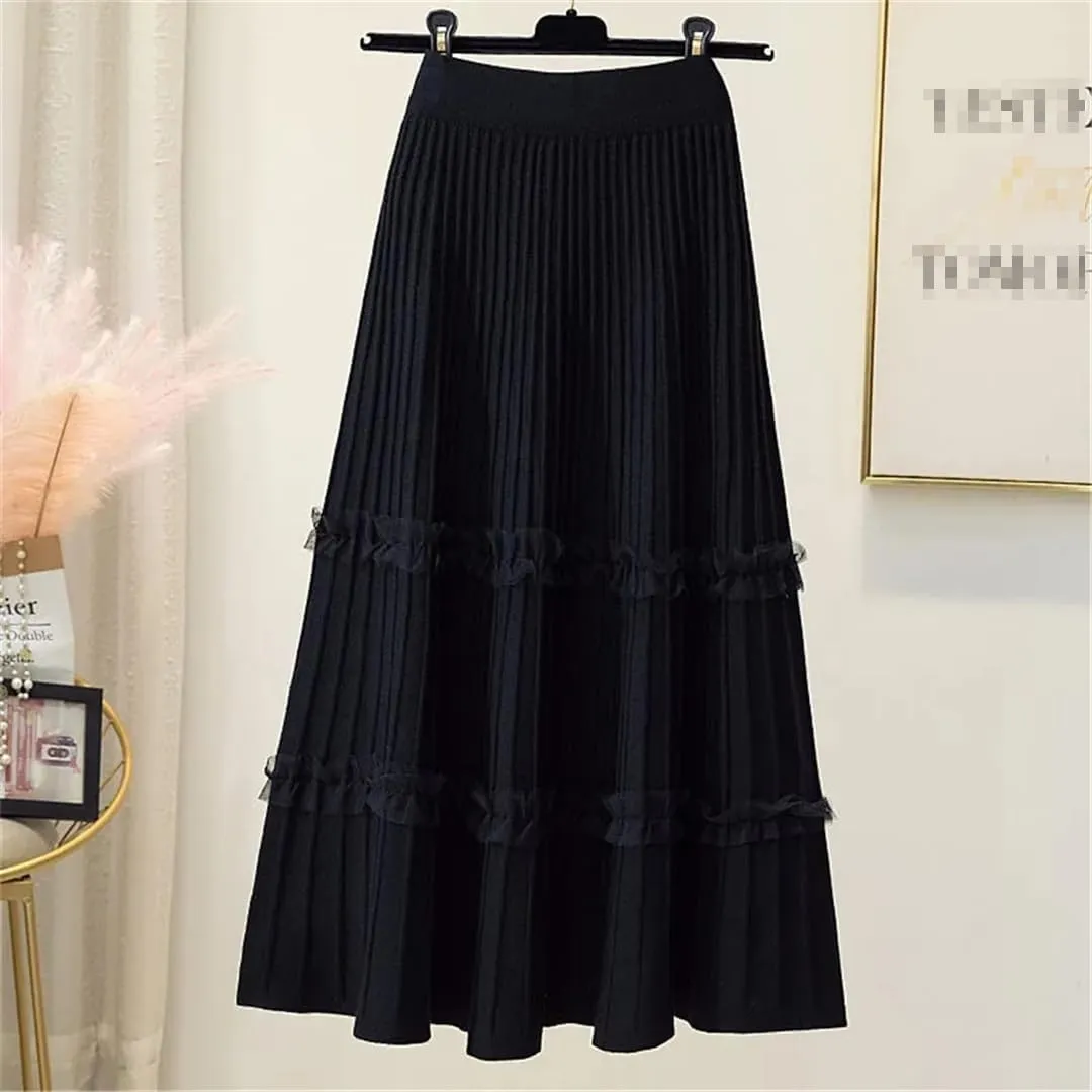 Women Lace Ruffle Knitted Midi Pleated Skirt High Waist Umbrella Solid Skirt Stitching A-Line Skirt