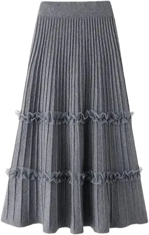 Women Lace Ruffle Knitted Midi Pleated Skirt High Waist Umbrella Solid Skirt Stitching A-Line Skirt