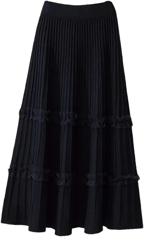 Women Lace Ruffle Knitted Midi Pleated Skirt High Waist Umbrella Solid Skirt Stitching A-Line Skirt