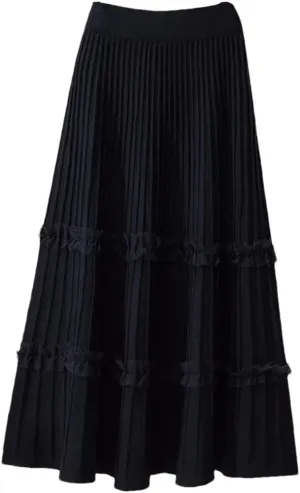 Women Lace Ruffle Knitted Midi Pleated Skirt High Waist Umbrella Solid Skirt Stitching A-Line Skirt