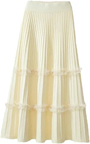 Women Lace Ruffle Knitted Midi Pleated Skirt High Waist Umbrella Solid Skirt Stitching A-Line Skirt