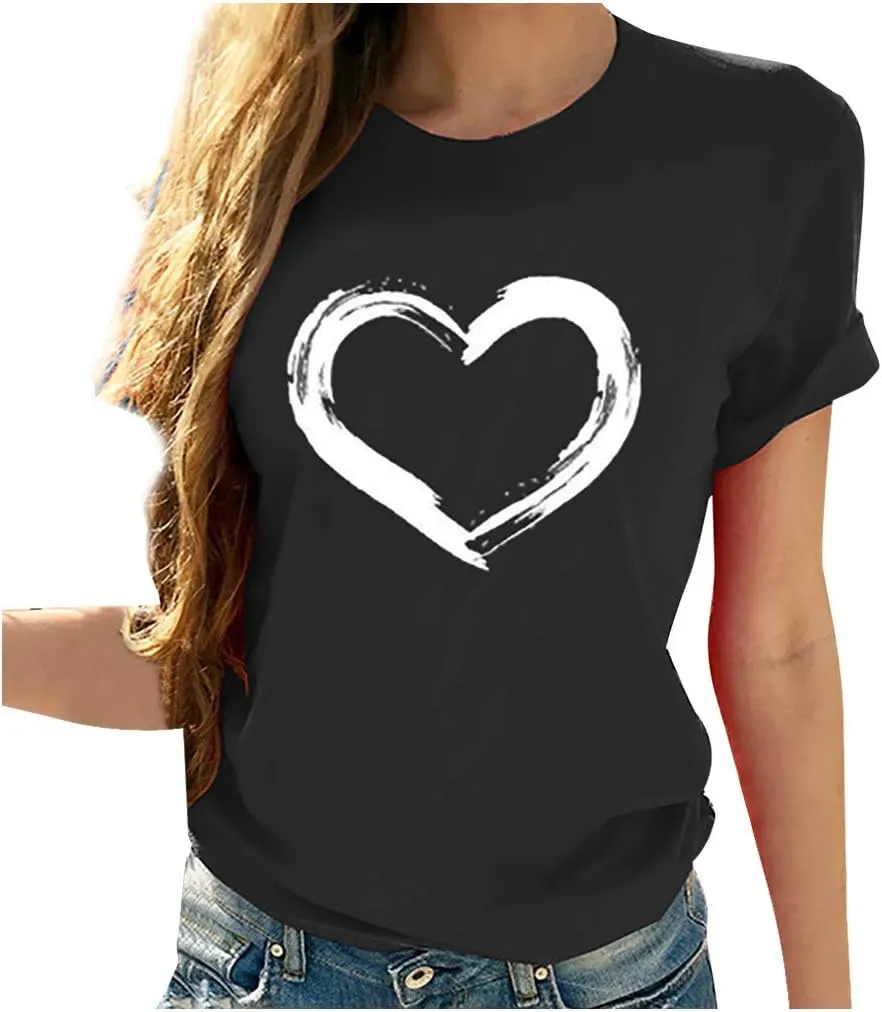 Women Love Heart Graphic Tees Shirt Short Sleeve Tops Tshirts Regular Fit Tunic Blouse Cute Funny Gift Clothes 2023