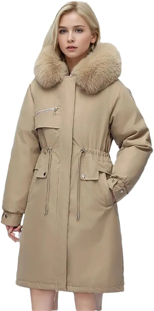 Women Parka Clothes Loose Long Coat Wool Liner Hooded Down Cotton Jacket Fur Collar Thick Warm Snow Wear Padded