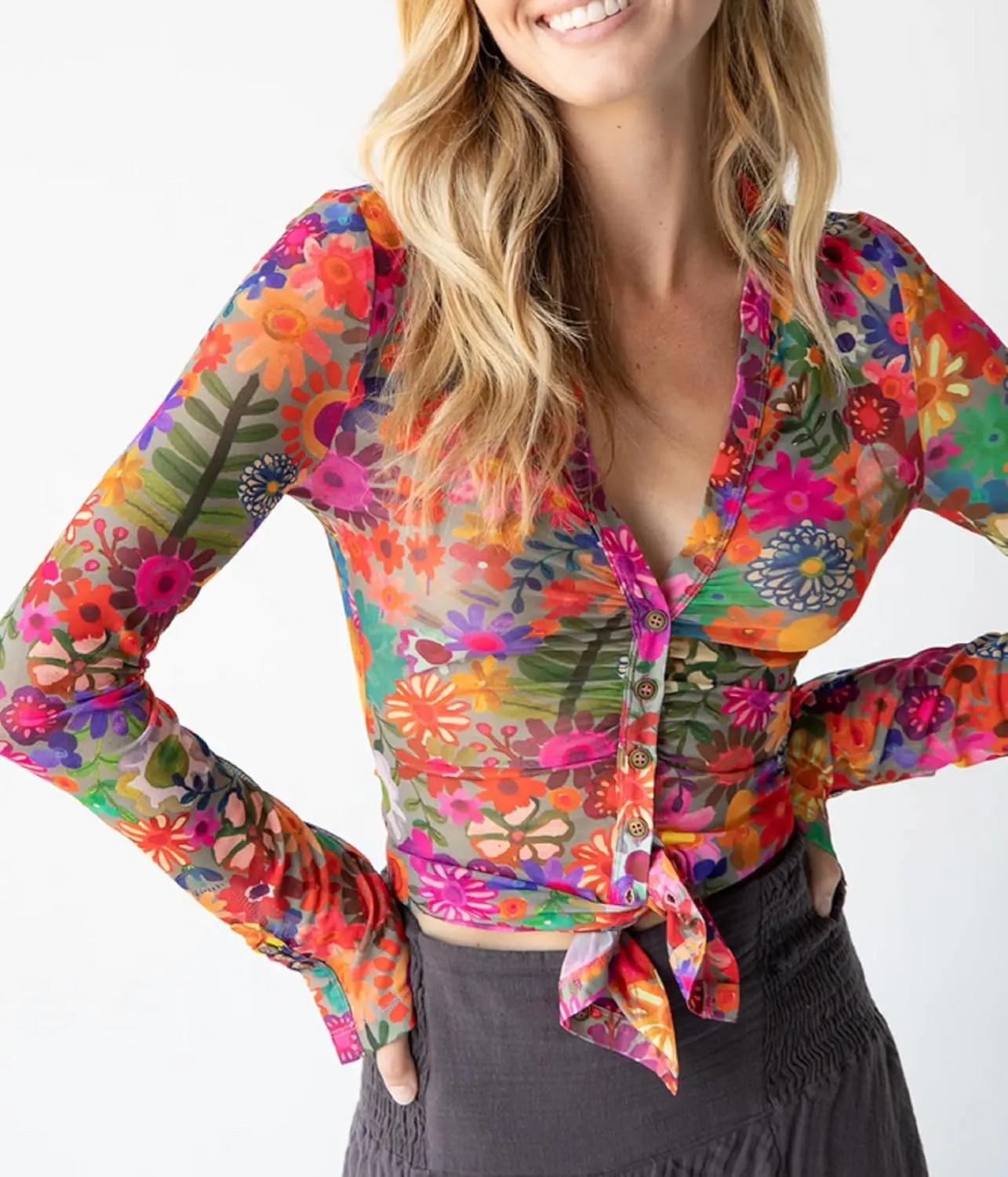 Women Sheer Mesh Print Button Up Shirt Long Sleeve V Neck Floral Shirt Blouse Sexy Slim Fit Buttons Y2K Cardigan Shirts