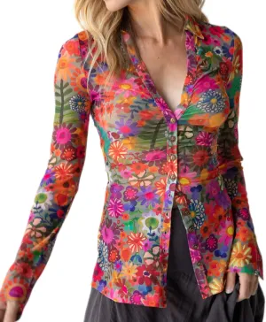Women Sheer Mesh Print Button Up Shirt Long Sleeve V Neck Floral Shirt Blouse Sexy Slim Fit Buttons Y2K Cardigan Shirts