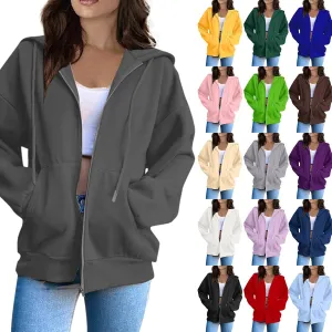 Women Zip Up Hoodie Long Sleeve Oversized Sweatshirts Y2K Jacket Pockets Patchwork Design Drawstring Hooded Jacket