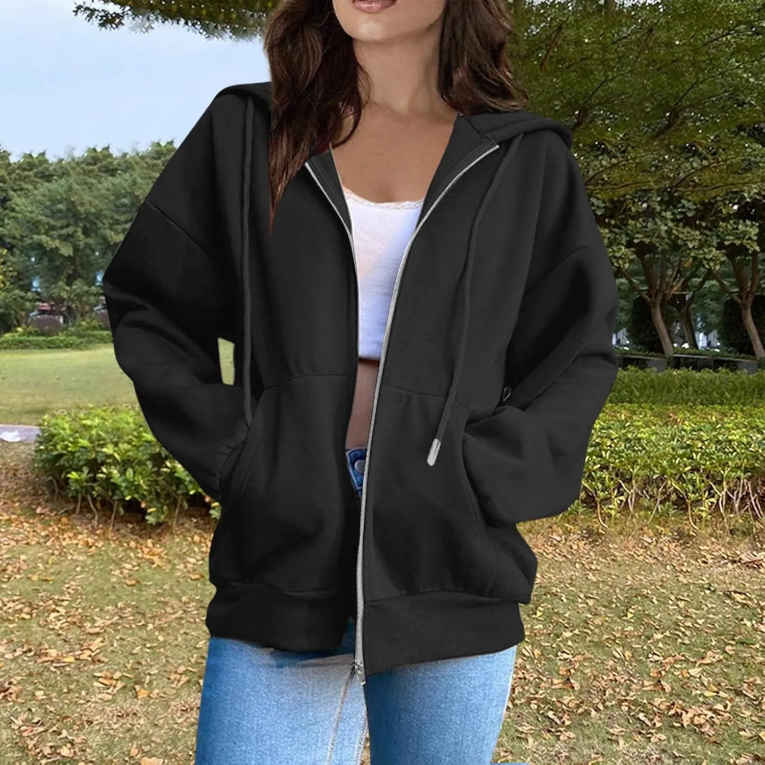 Women Zip Up Hoodie Long Sleeve Oversized Sweatshirts Y2K Jacket Pockets Patchwork Design Drawstring Hooded Jacket