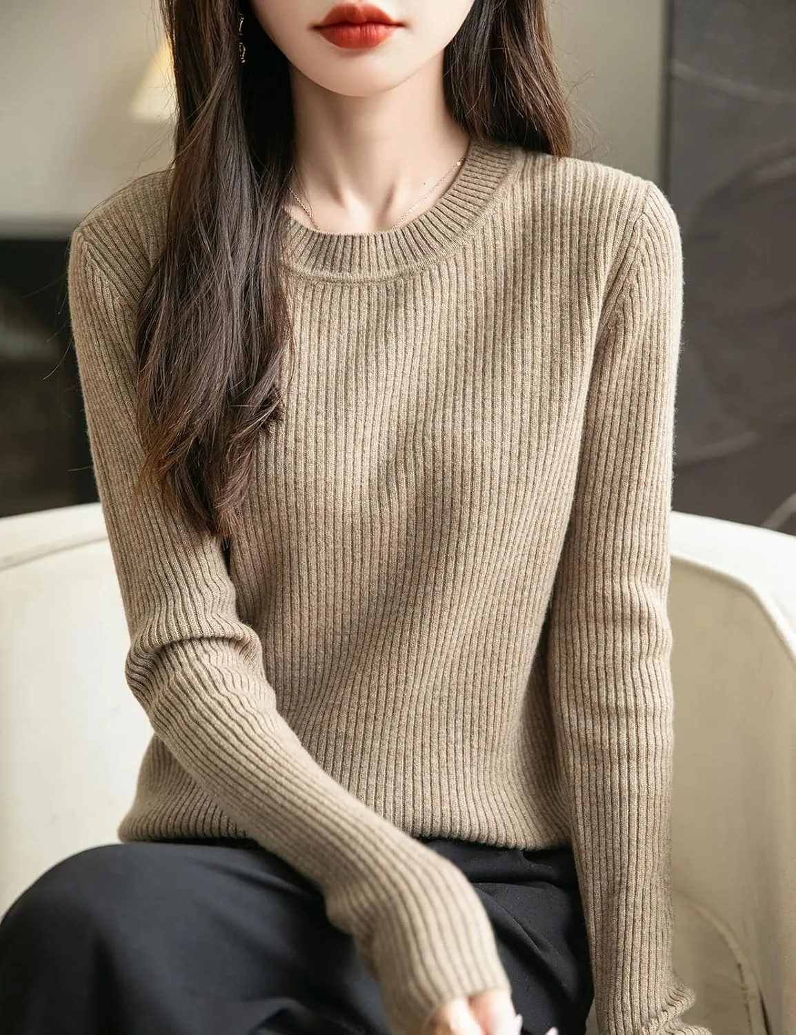 Women's 100% Merino Wool Sweater 2025 Fall Winter Crew Neck Long Sleeve Warm Soft Ribbed Knit Pullover Sweater