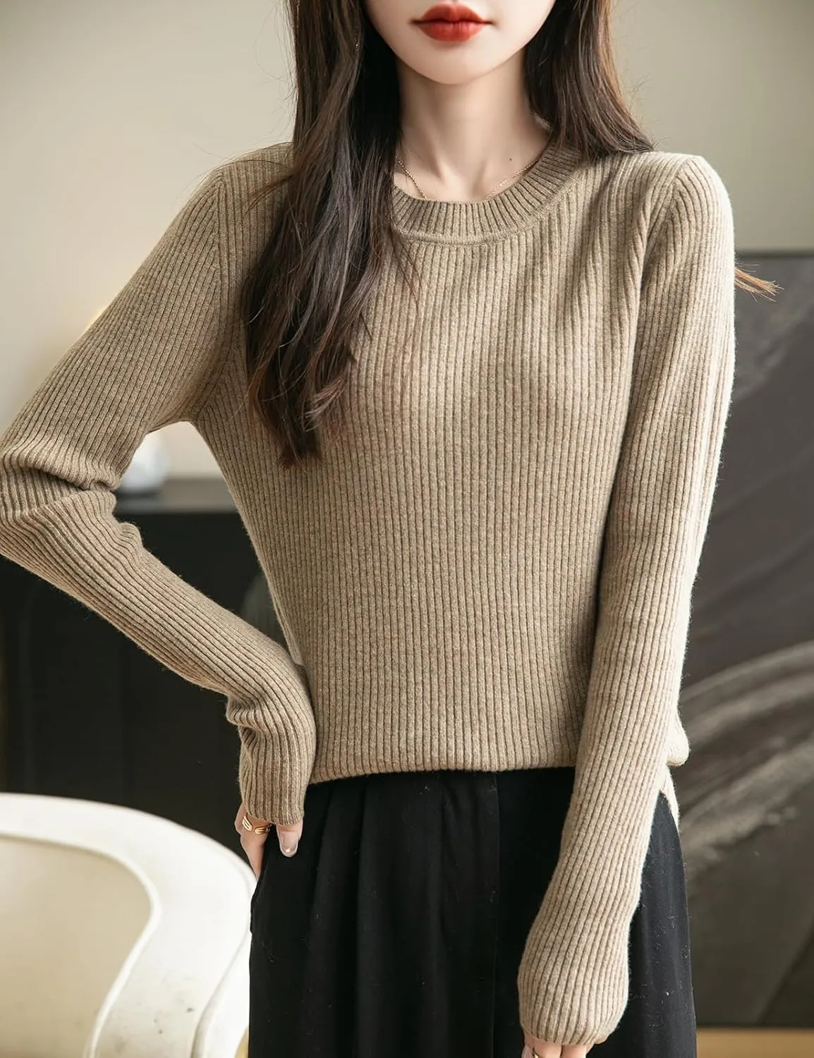 Women's 100% Merino Wool Sweater 2025 Fall Winter Crew Neck Long Sleeve Warm Soft Ribbed Knit Pullover Sweater