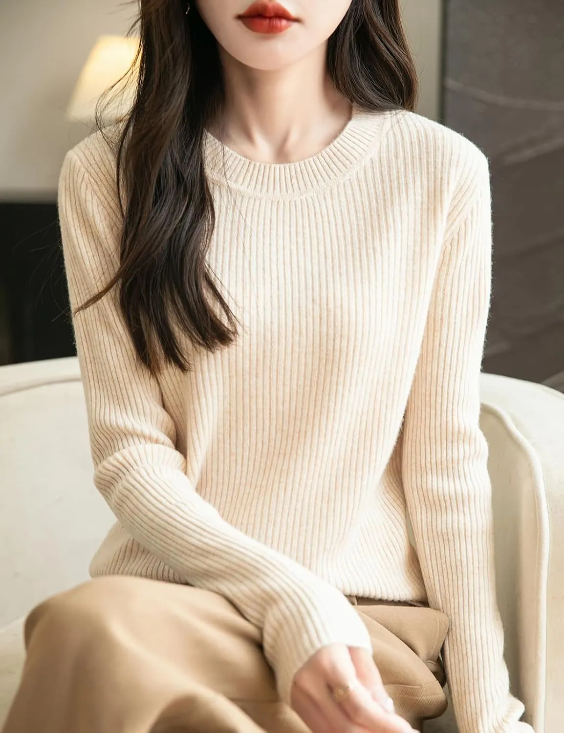 Women's 100% Merino Wool Sweater 2025 Fall Winter Crew Neck Long Sleeve Warm Soft Ribbed Knit Pullover Sweater