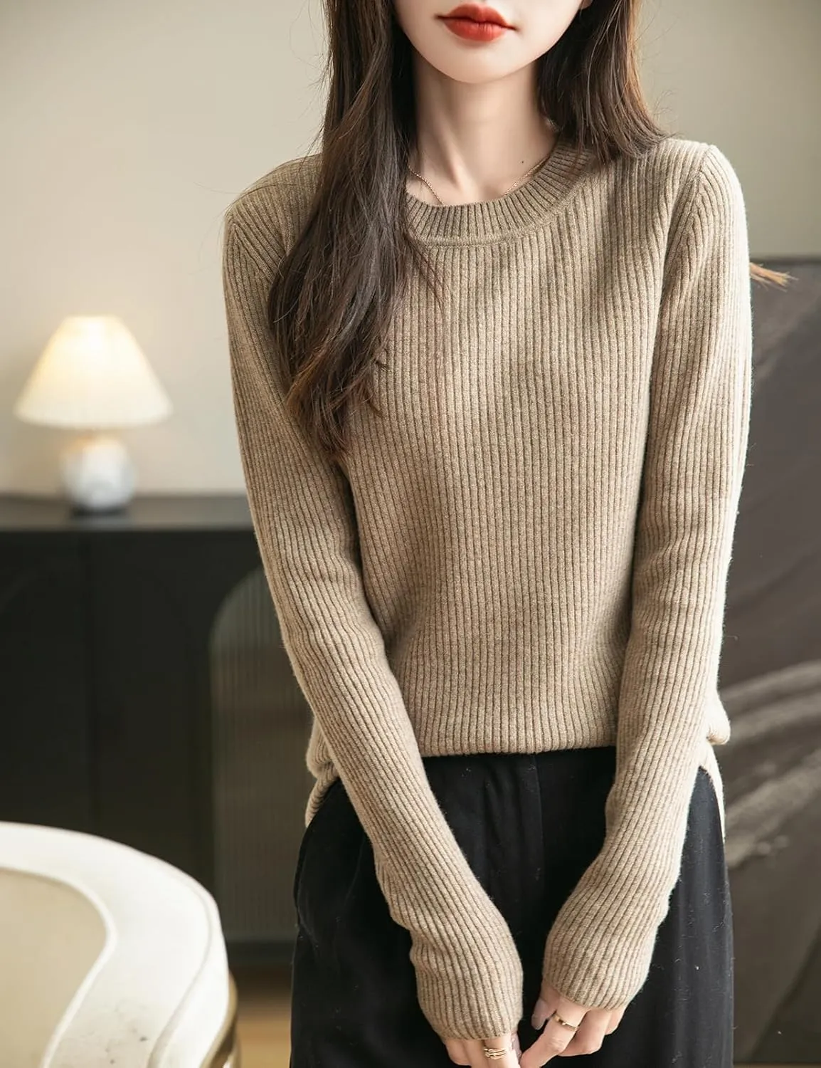 Women's 100% Merino Wool Sweater 2025 Fall Winter Crew Neck Long Sleeve Warm Soft Ribbed Knit Pullover Sweater