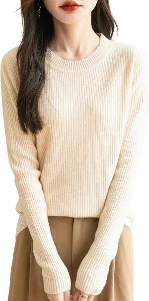 Women's 100% Merino Wool Sweater 2025 Fall Winter Crew Neck Long Sleeve Warm Soft Ribbed Knit Pullover Sweater
