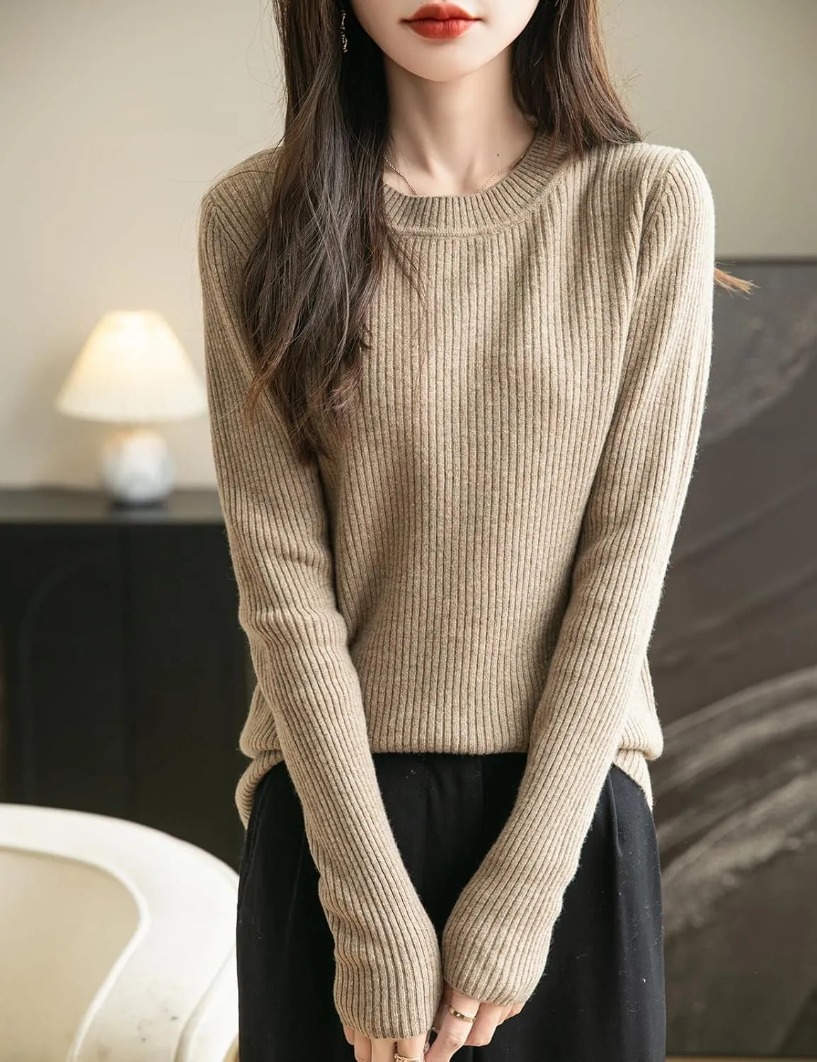 Women's 100% Merino Wool Sweater 2025 Fall Winter Crew Neck Long Sleeve Warm Soft Ribbed Knit Pullover Sweater