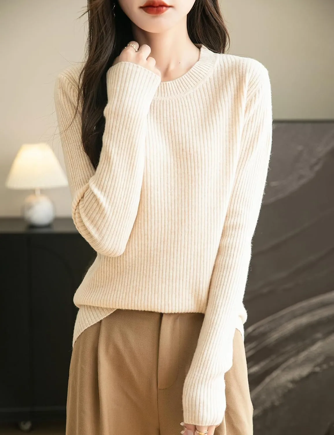 Women's 100% Merino Wool Sweater 2025 Fall Winter Crew Neck Long Sleeve Warm Soft Ribbed Knit Pullover Sweater