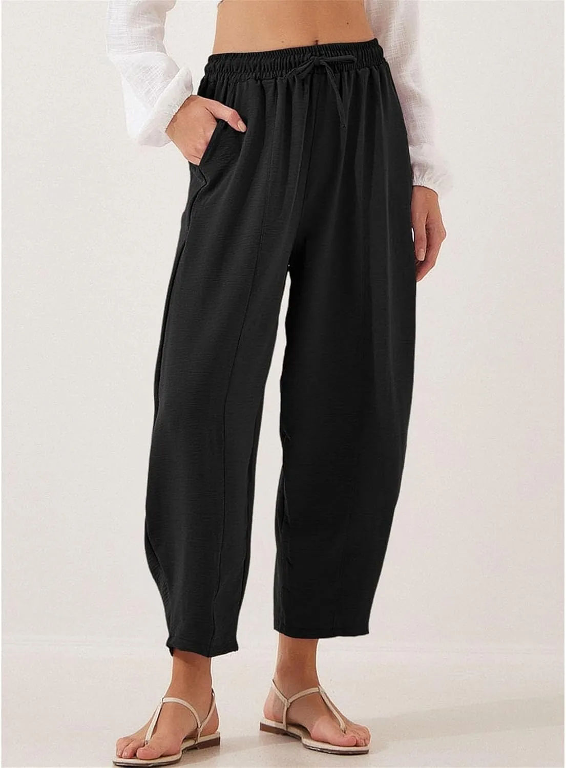 Women's 2025 Spring Summer Straight Trousers High Waist Loose Holiday Casual Drawstring Insert Pocket Nine Point Pants