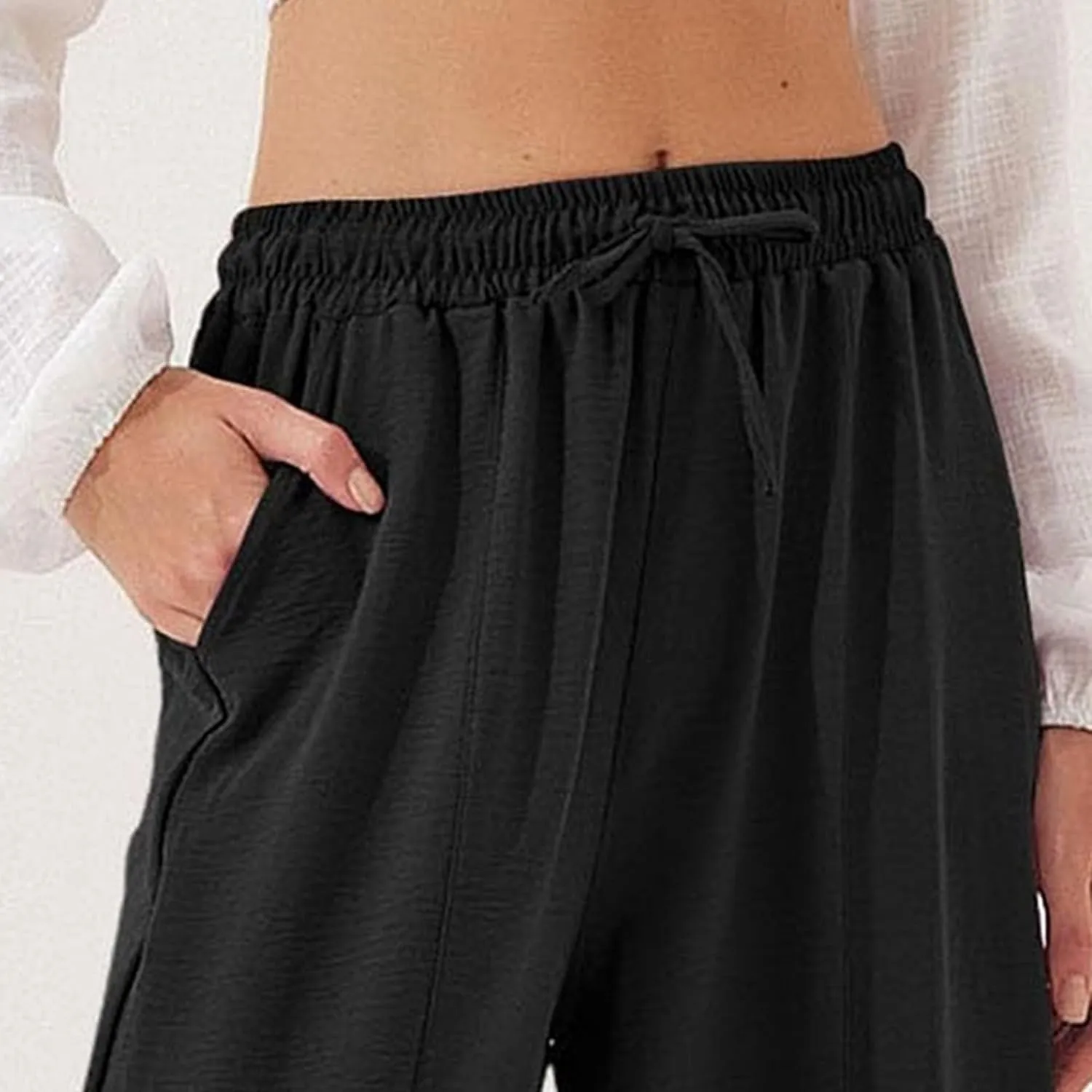 Women's 2025 Spring Summer Straight Trousers High Waist Loose Holiday Casual Drawstring Insert Pocket Nine Point Pants