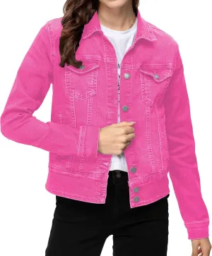 Women's Basic Button Down Denim Jacket, Casual Long Sleeve Fitted Jean Jacket with Pockets