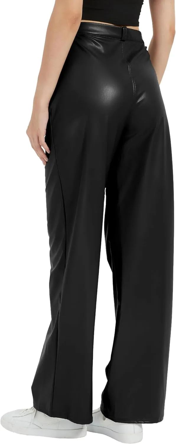 Women's Black Leather Pants - High Waist Faux Leather Straight Leg Bell Bottom Flare Pants