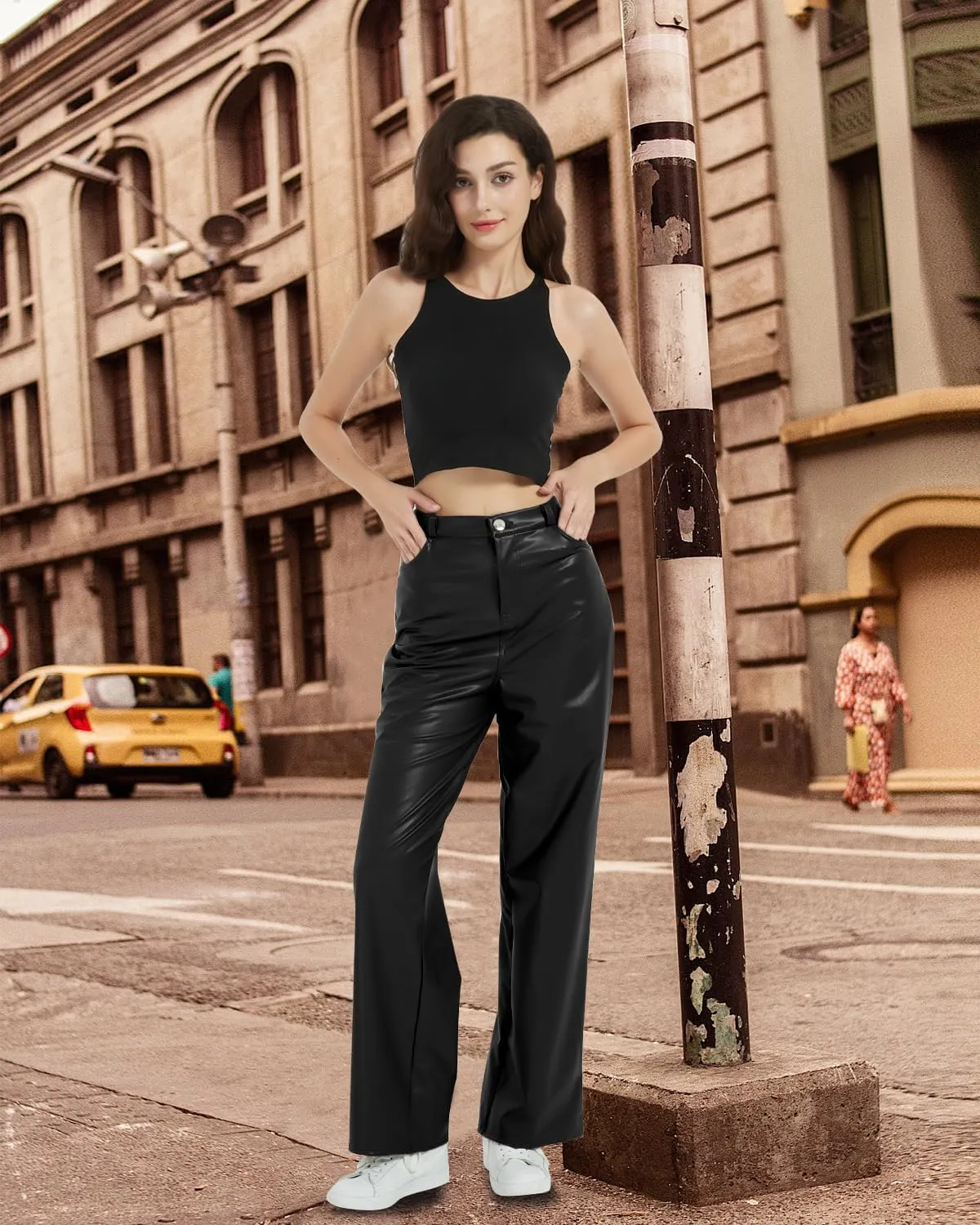 Women's Black Leather Pants - High Waist Faux Leather Straight Leg Bell Bottom Flare Pants