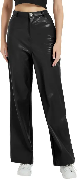 Women's Black Leather Pants - High Waist Faux Leather Straight Leg Bell Bottom Flare Pants