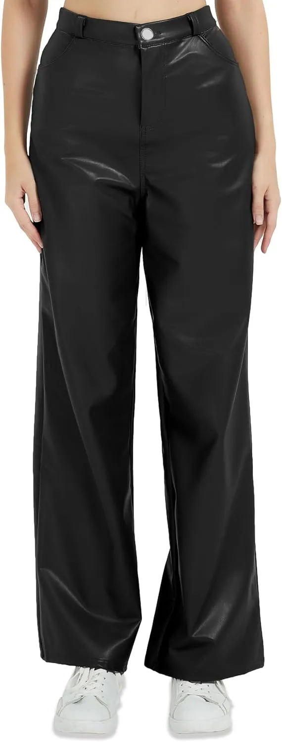 Women's Black Leather Pants - High Waist Faux Leather Straight Leg Bell Bottom Flare Pants