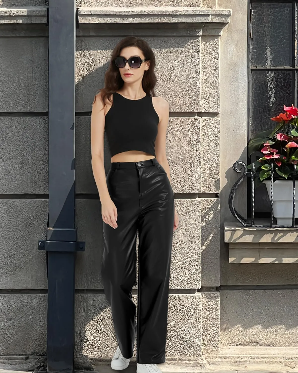 Women's Black Leather Pants - High Waist Faux Leather Straight Leg Bell Bottom Flare Pants