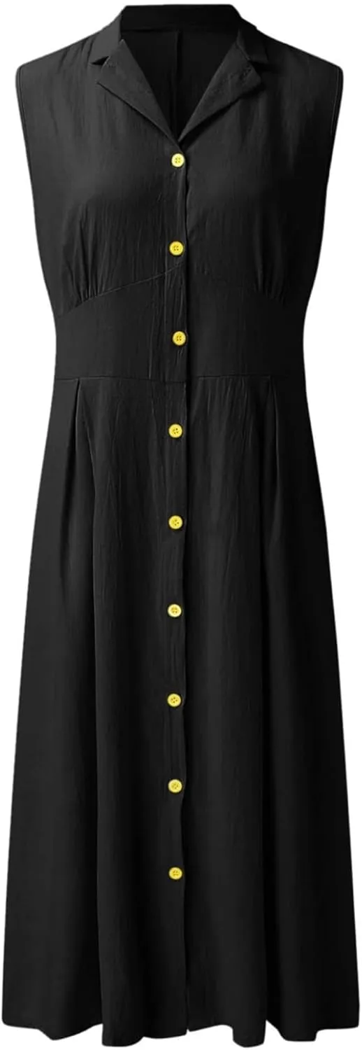 Women's Button Down Cotton Linen Shirt Dress with Pockets Sleeveless V Neck Maxi Dresses Elegant A Line Flowy Dress
