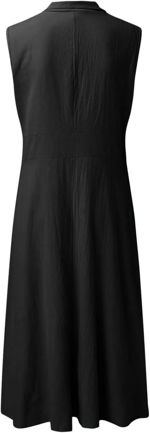 Women's Button Down Cotton Linen Shirt Dress with Pockets Sleeveless V Neck Maxi Dresses Elegant A Line Flowy Dress