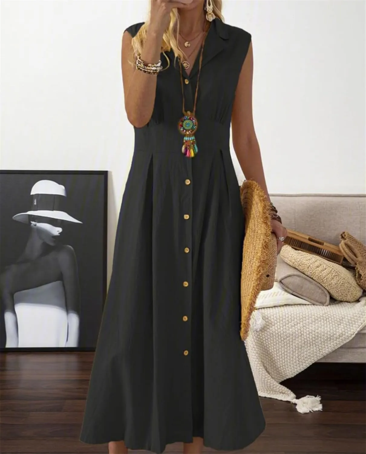 Women's Button Down Cotton Linen Shirt Dress with Pockets Sleeveless V Neck Maxi Dresses Elegant A Line Flowy Dress
