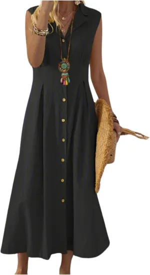 Women's Button Down Cotton Linen Shirt Dress with Pockets Sleeveless V Neck Maxi Dresses Elegant A Line Flowy Dress