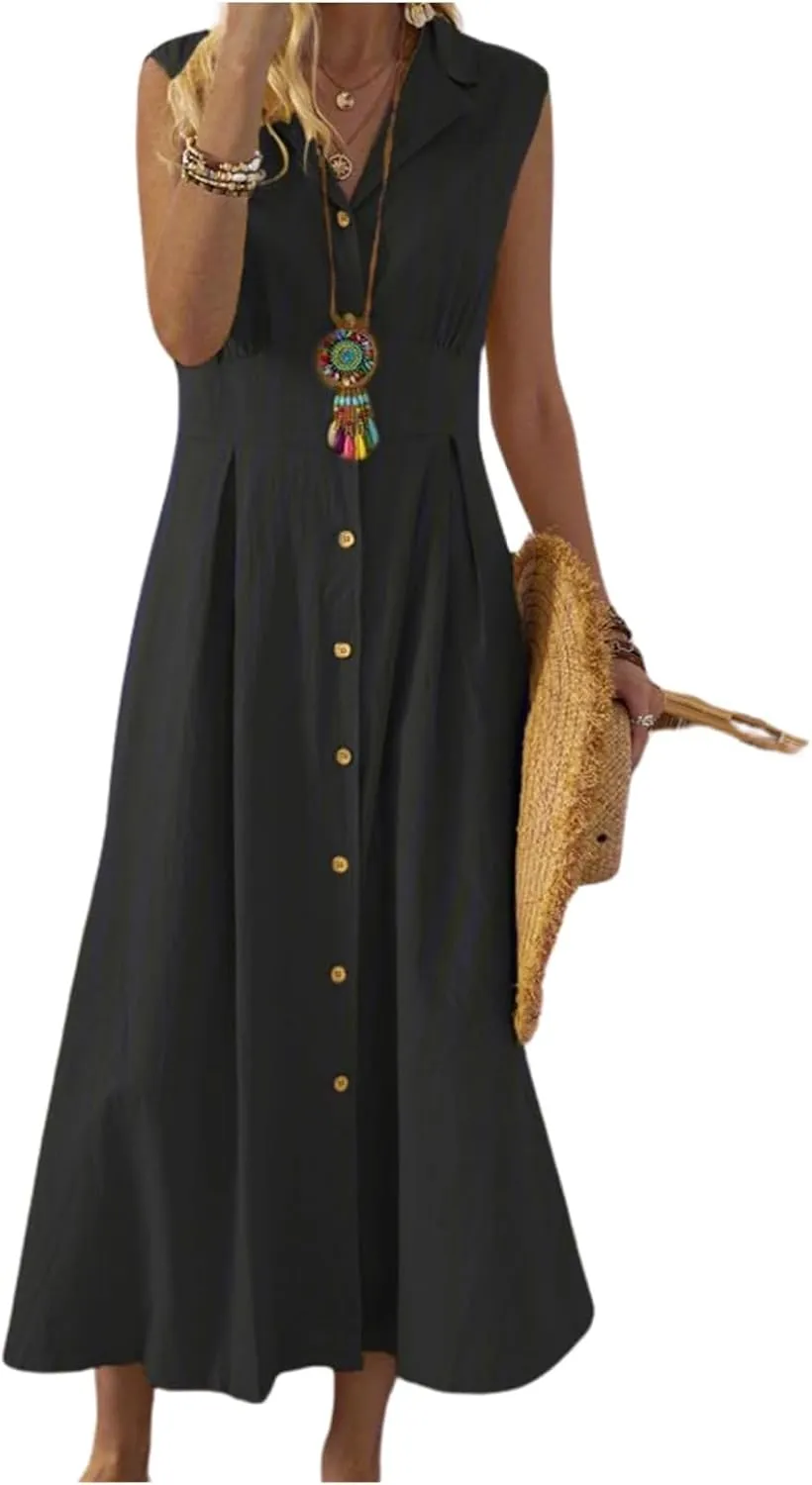 Women's Button Down Cotton Linen Shirt Dress with Pockets Sleeveless V Neck Maxi Dresses Elegant A Line Flowy Dress