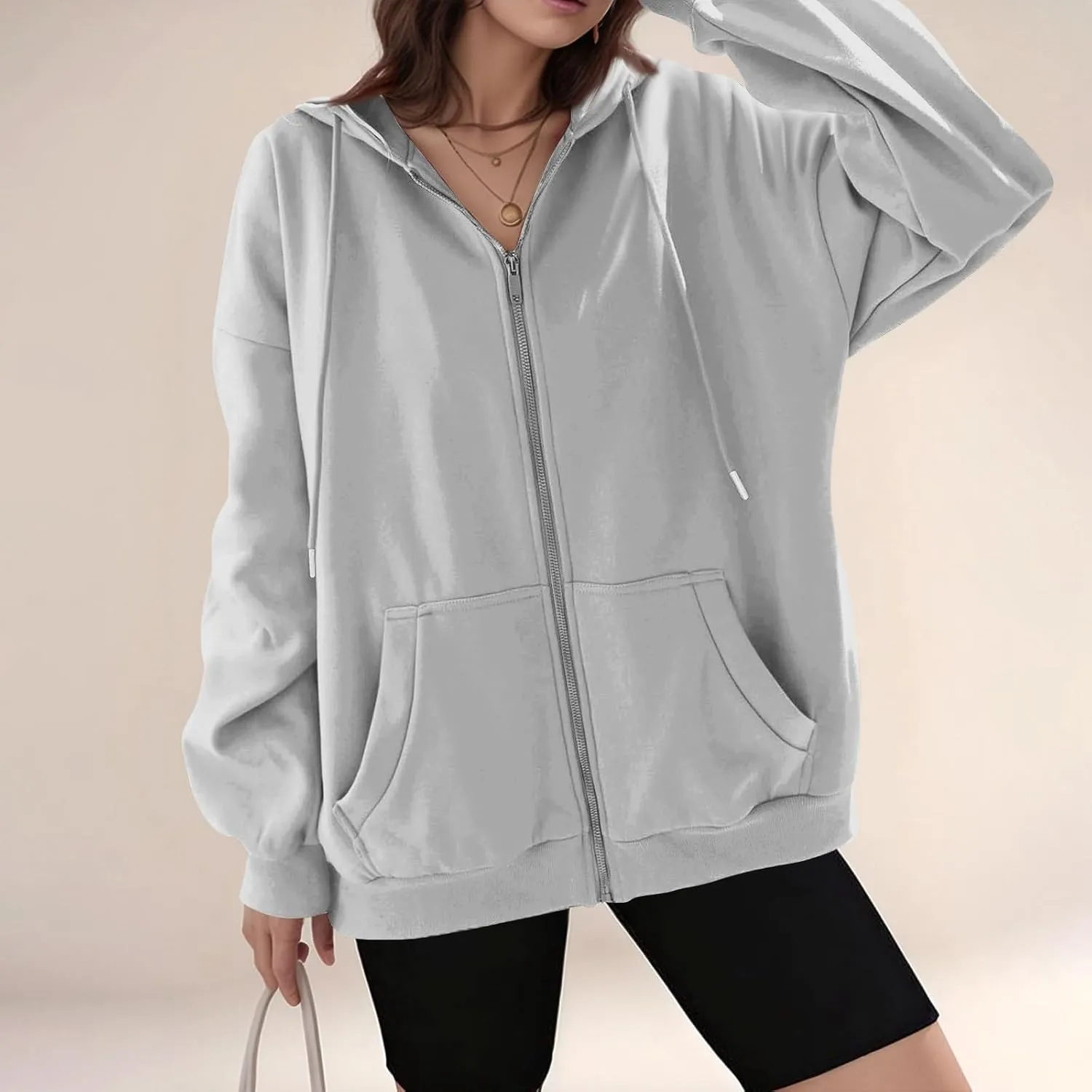 Womens Casual Full Zip Up Hoodies Oversized Long Sleeve Solid Sweatshirts Fall Trendy Comfy Loose Jacket with Pockets