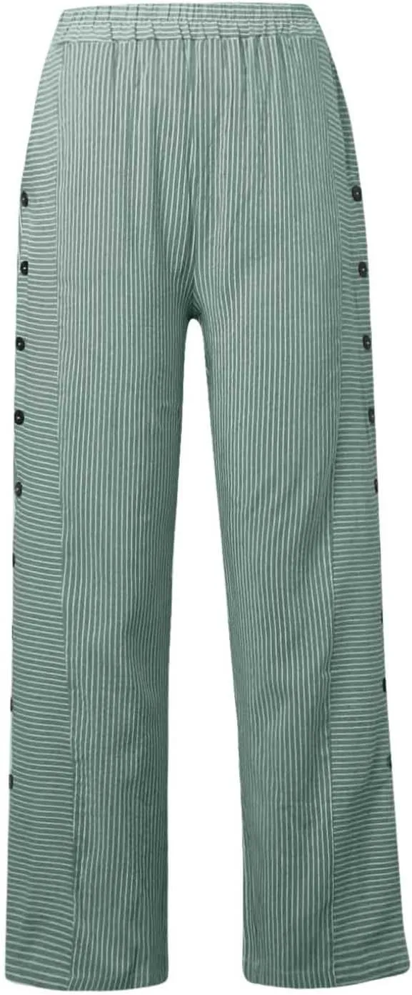 Women's Casual Pants Striped Side Button Pants Elastic Waist Summer Trendy Straight Leg Baggy Trousers with Pocket