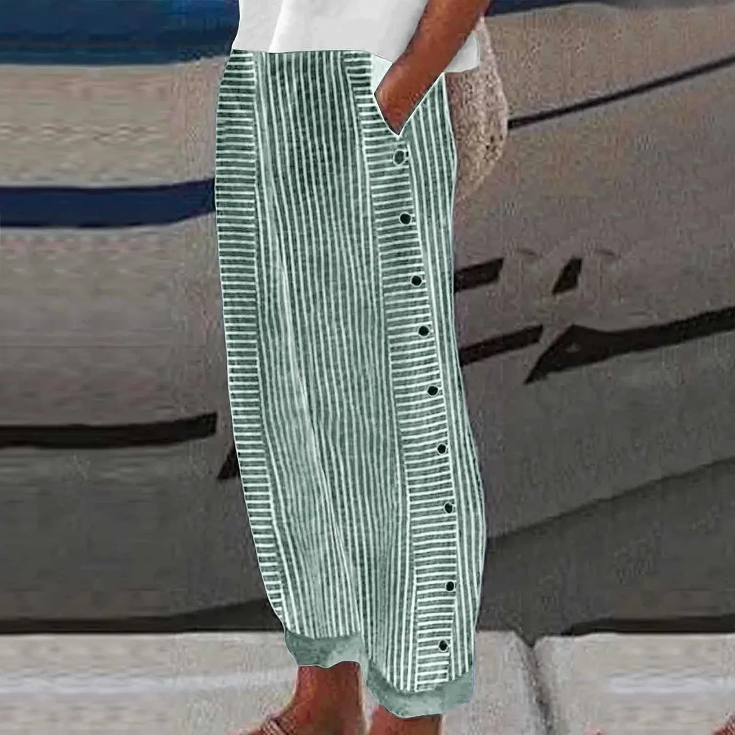 Women's Casual Pants Striped Side Button Pants Elastic Waist Summer Trendy Straight Leg Baggy Trousers with Pocket