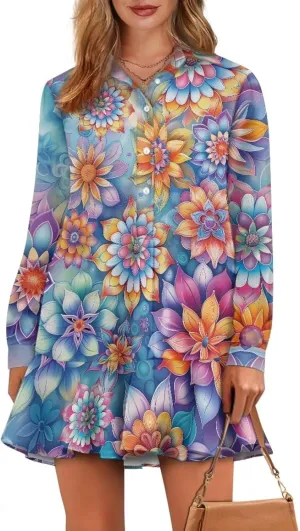Womens Casual Shirt Dress Button Down V Neck Dress Long Sleeve Mini Shirt Dress with Pocket