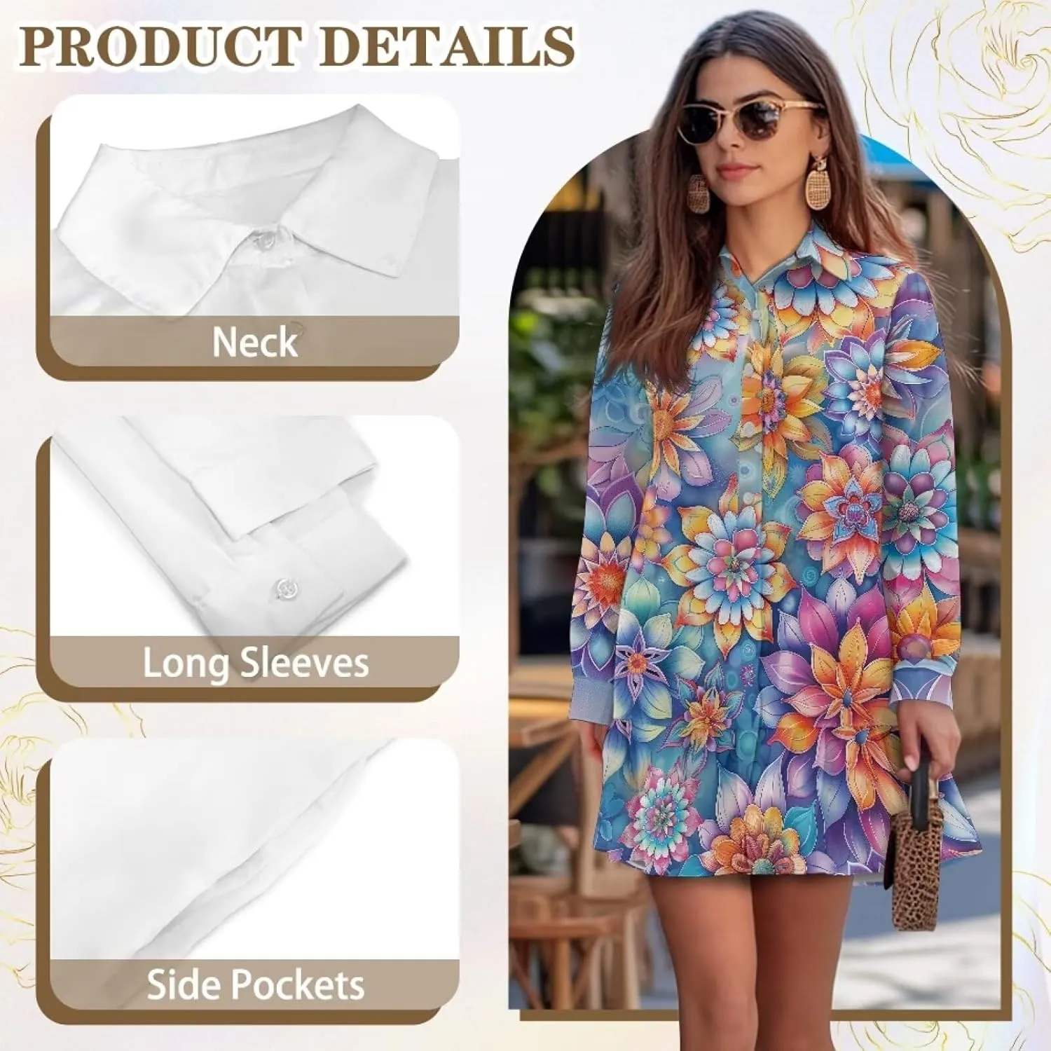 Womens Casual Shirt Dress Button Down V Neck Dress Long Sleeve Mini Shirt Dress with Pocket