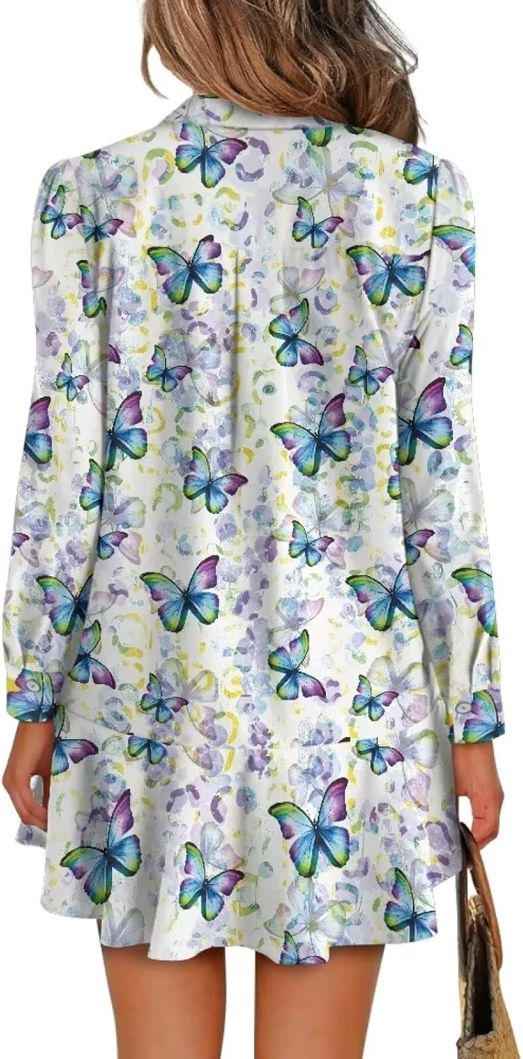 Womens Casual Shirt Dress Button Down V Neck Dress Long Sleeve Mini Shirt Dress with Pocket