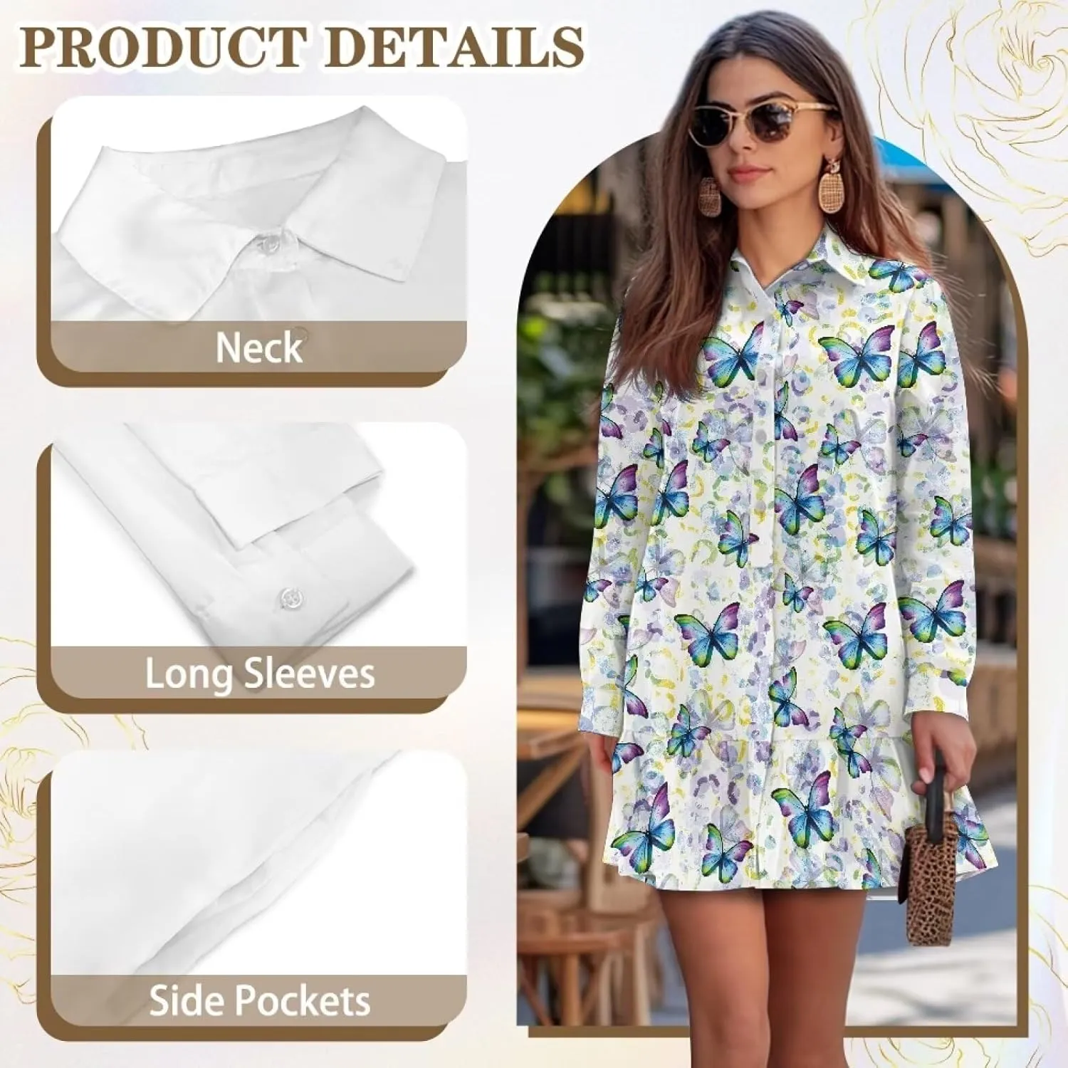 Womens Casual Shirt Dress Button Down V Neck Dress Long Sleeve Mini Shirt Dress with Pocket