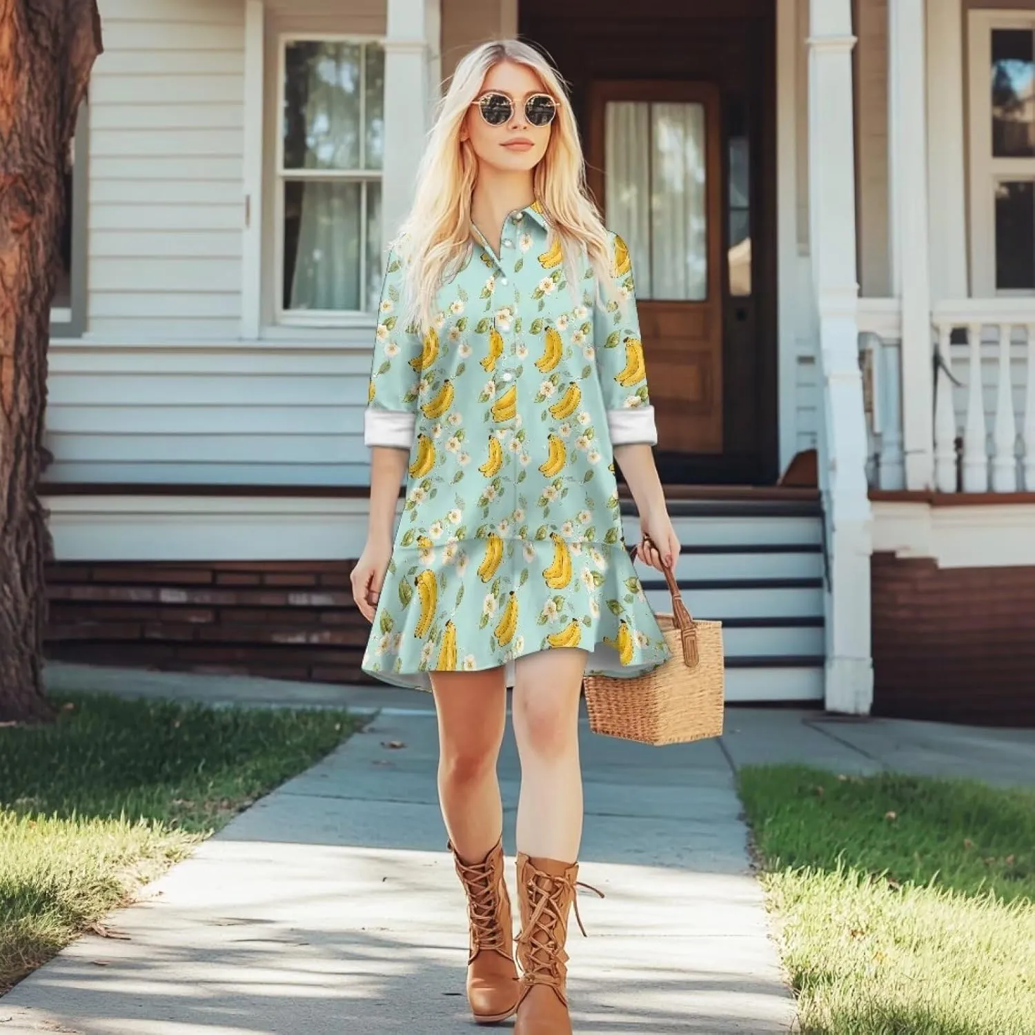 Womens Casual Shirt Dress Button Down V Neck Dress Long Sleeve Mini Shirt Dress with Pocket