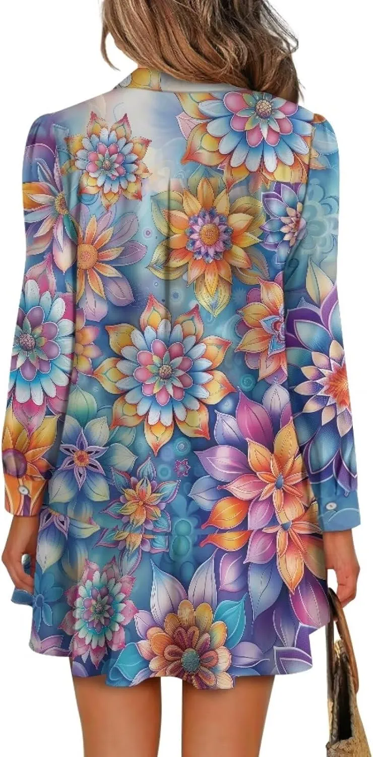 Womens Casual Shirt Dress Button Down V Neck Dress Long Sleeve Mini Shirt Dress with Pocket