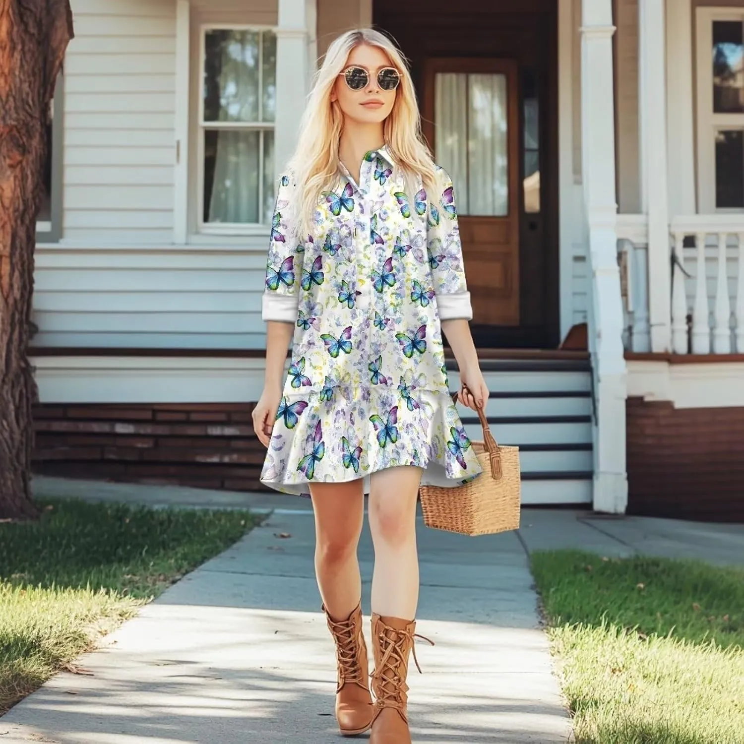 Womens Casual Shirt Dress Button Down V Neck Dress Long Sleeve Mini Shirt Dress with Pocket