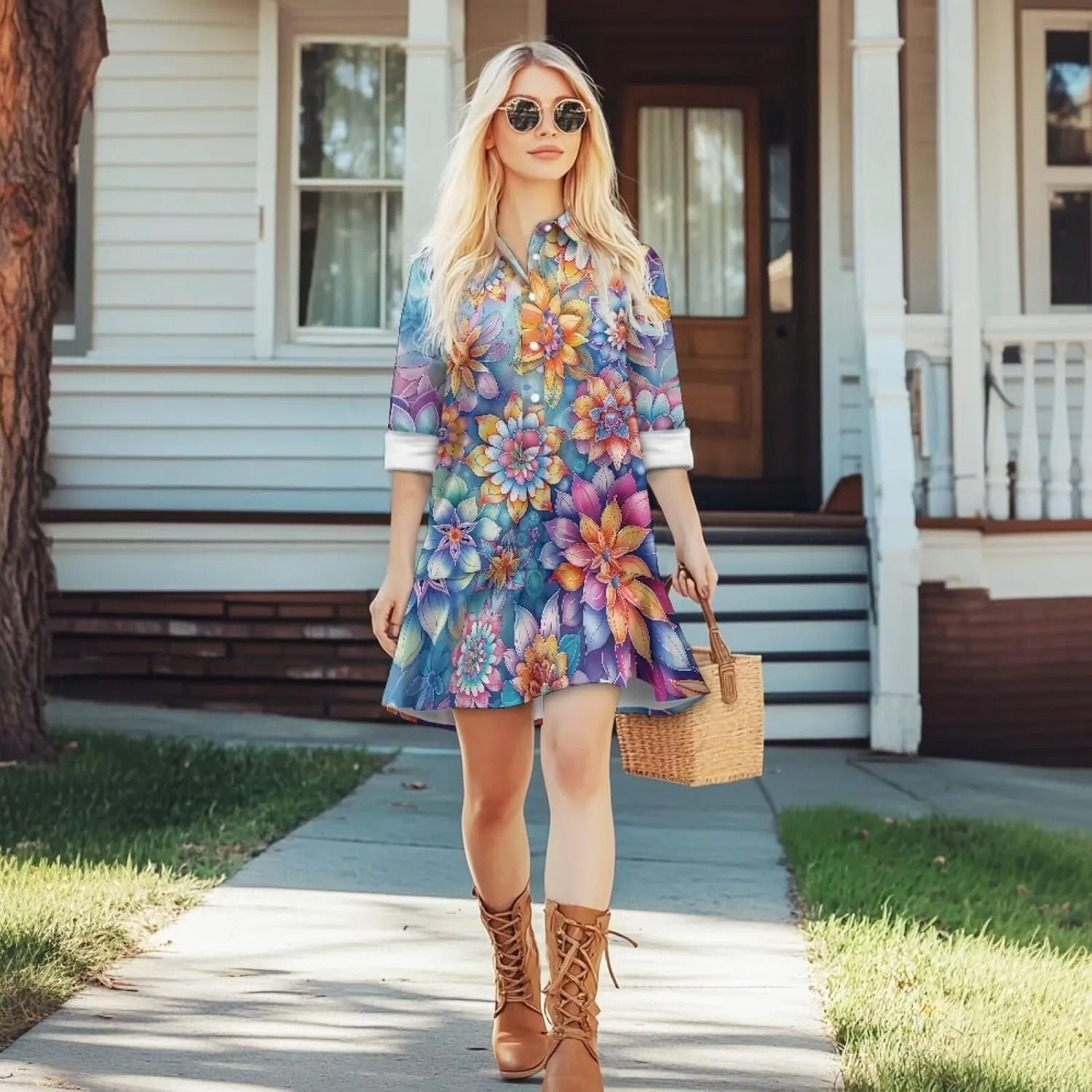 Womens Casual Shirt Dress Button Down V Neck Dress Long Sleeve Mini Shirt Dress with Pocket