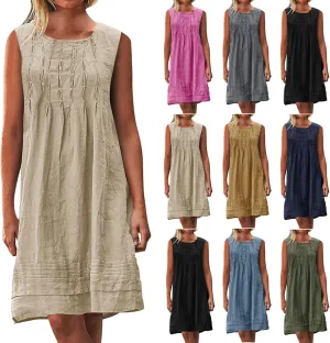Womens Cotton Linen Casual Dresses Summer Sleeveless Crewneck Pleated Midi Dress 2025 Trendy Loose Beach Sundress