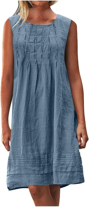Womens Cotton Linen Casual Dresses Summer Sleeveless Crewneck Pleated Midi Dress 2025 Trendy Loose Beach Sundress
