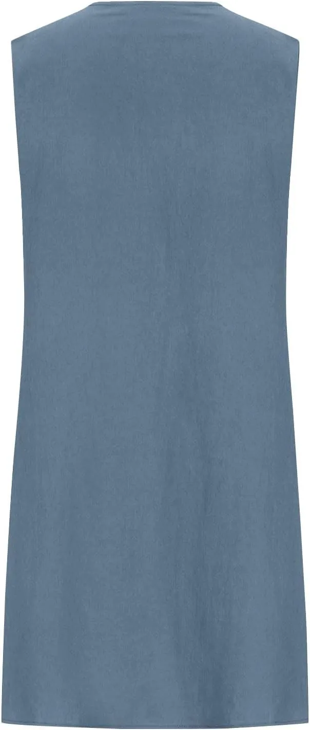 Womens Cotton Linen Casual Dresses Summer Sleeveless Crewneck Pleated Midi Dress 2025 Trendy Loose Beach Sundress