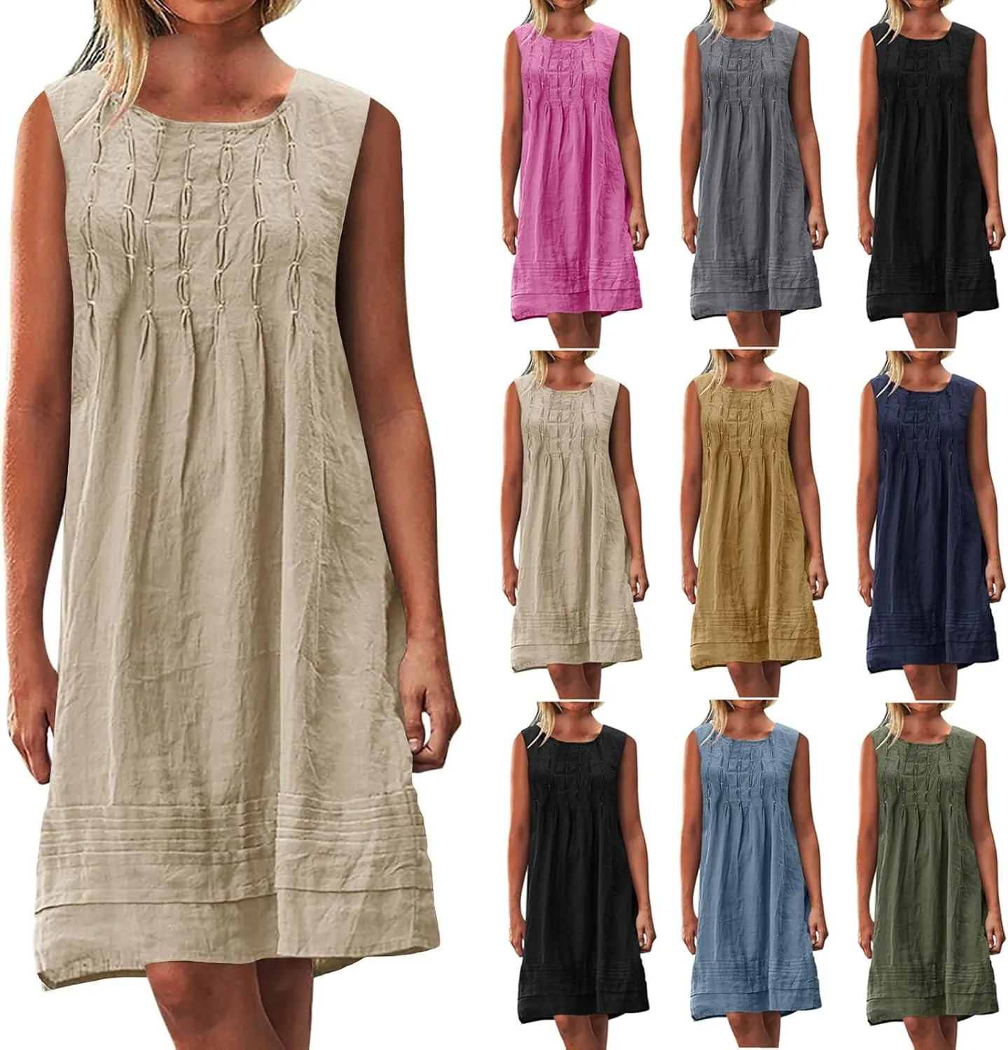 Womens Cotton Linen Casual Dresses Summer Sleeveless Crewneck Pleated Midi Dress 2025 Trendy Loose Beach Sundress