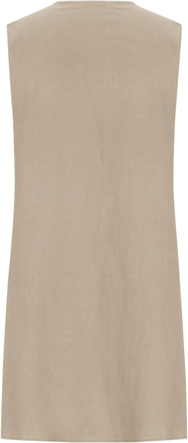Womens Cotton Linen Casual Dresses Summer Sleeveless Crewneck Pleated Midi Dress 2025 Trendy Loose Beach Sundress